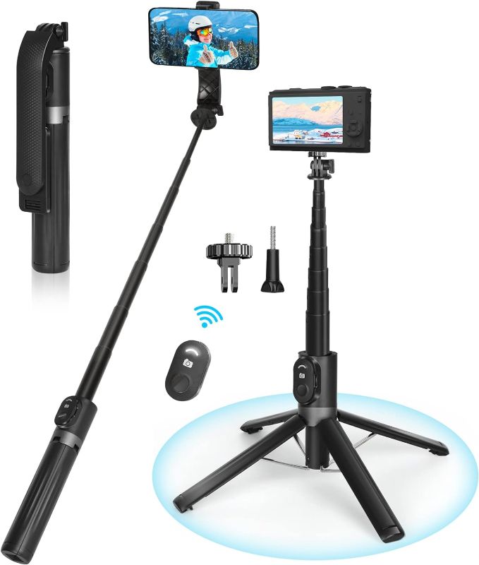 Photo 1 of  Selfie Stick Tripod with Remote, High Strength 4-Legs & Extendable Aluminum Tube Quadripod Cell Phone Tripod for iPhone/Android/GoPro, 55" Portable Travel Tripod