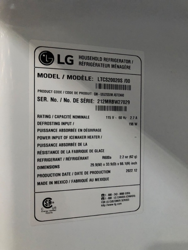 Photo 14 of **TESTED POWERS ON** UNABLE TO TEST FULLY  LG 20 cu. ft. Top Freezer Refrigerator