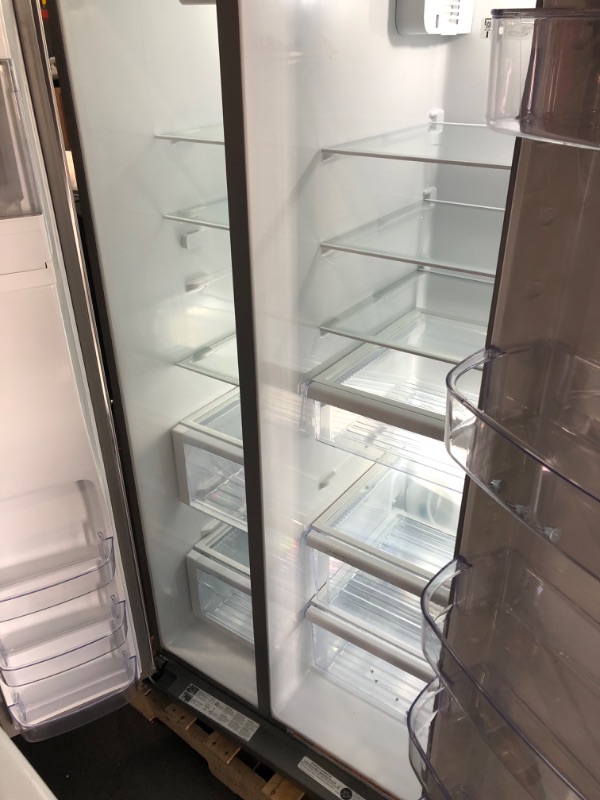 Photo 6 of **MISSING HANDLES**36 Inch Freestanding Side by Side Refrigerator with 28.49 cu. ft. Capacity, 3 Glass Shelves, External Water Dispenser, Crisper Drawer, Ice Maker, Adaptive Defrost, ADA Compliant, LED Interior Lighting, Accu-Chill, Frameless Glass Shelve