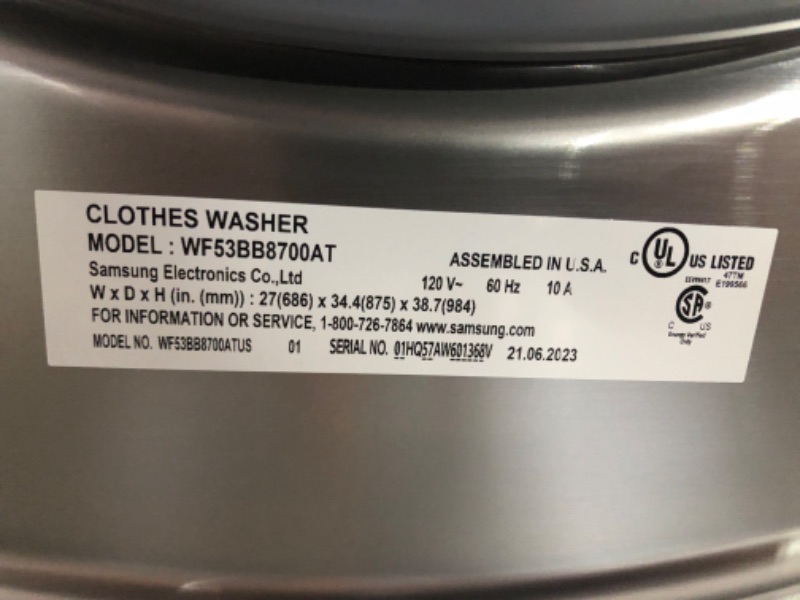 Photo 8 of SAMSUNG WF53BB8700AT 5.3 Cu. Ft. Stainless Steel Ultra Capacity Front Load Smart Washer