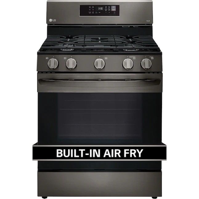 Photo 1 of **USED HAS DAMAGED TO TOP AND SOME PARTS** LG 30-in 5 Burners 5.8-cu ft Self-cleaning Air Fry Convection Oven Freestanding Smart Gas Range (Printproof Black Stainless Steel)