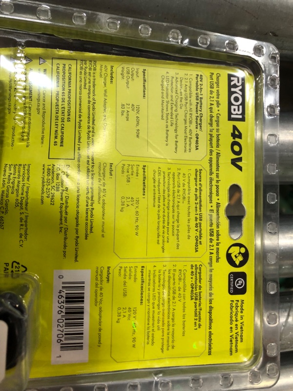 Photo 3 of Ryobi 1004-040-931 40 Volt Compact Wired Lithium-Ion Battery Charger with USB Port