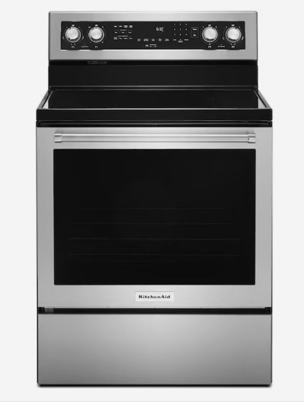 Photo 1 of KitchenAid 30-in Smooth Surface 5 Elements 6.4-cu ft Self-Cleaning Convection Oven Freestanding Electric Range (Stainless Steel with Printshield Finish)