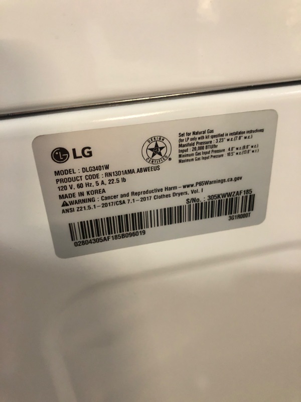 Photo 4 of LG 7.4 Cu. Ft. Vented Stackable Gas Dryer in White with Sensor Dry