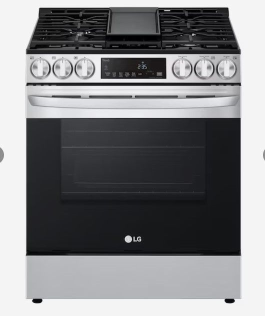 Photo 1 of LG 30-in 5 Burners 5.8-cu ft Self-cleaning Air Fry Convection Oven Slide-in Smart Gas Range (Printproof Stainless Steel)