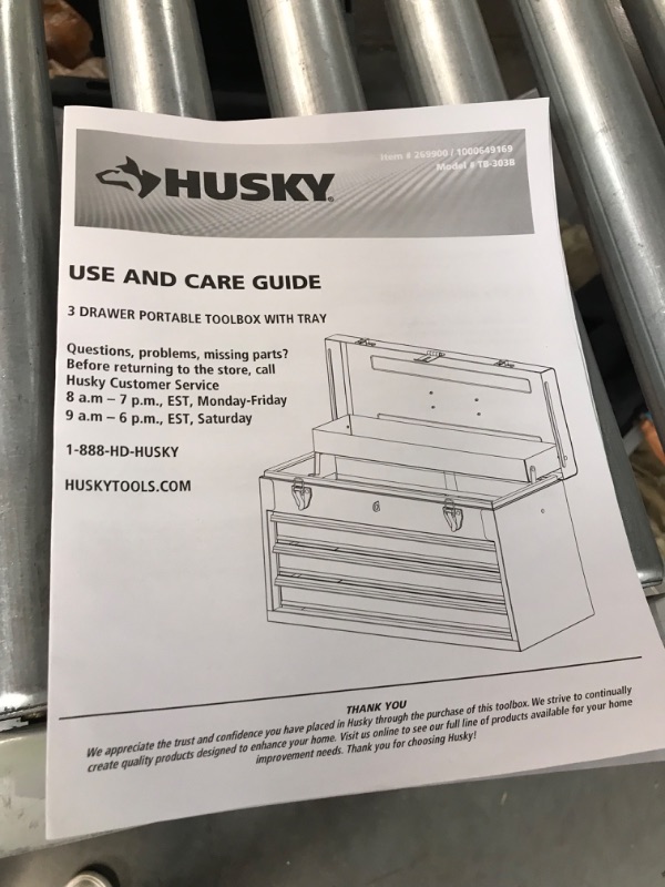 Photo 4 of Husky TB-303B 3 Drawer Portable Tool Chest with Tray