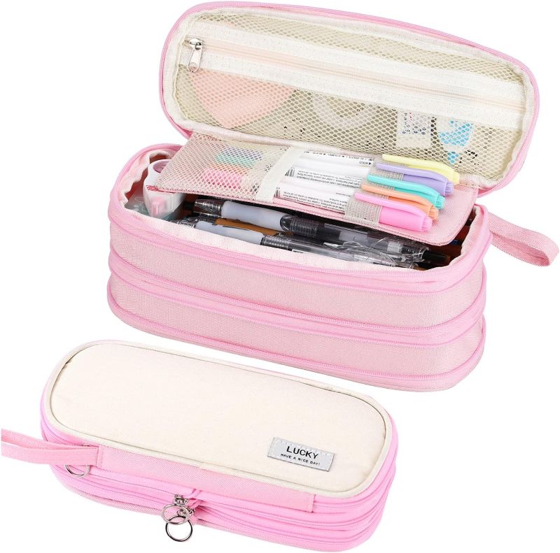 Photo 1 of Tergopa Pencil Case Organizer Large Capacity Pencil Bag for Girls Kids Adults Women Zipper Pencil Pouch Aesthetic Big Pen Case with Handle for School Office Pink