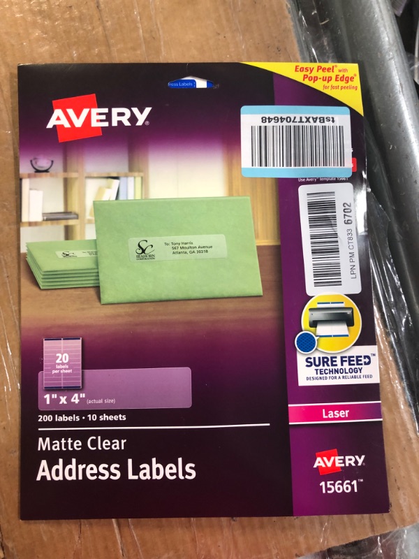 Photo 2 of Avery Matte Clear Address Labels, Sure Feed Technology, Laser, 1" x 4", 200 Labels (15661) One Size 1