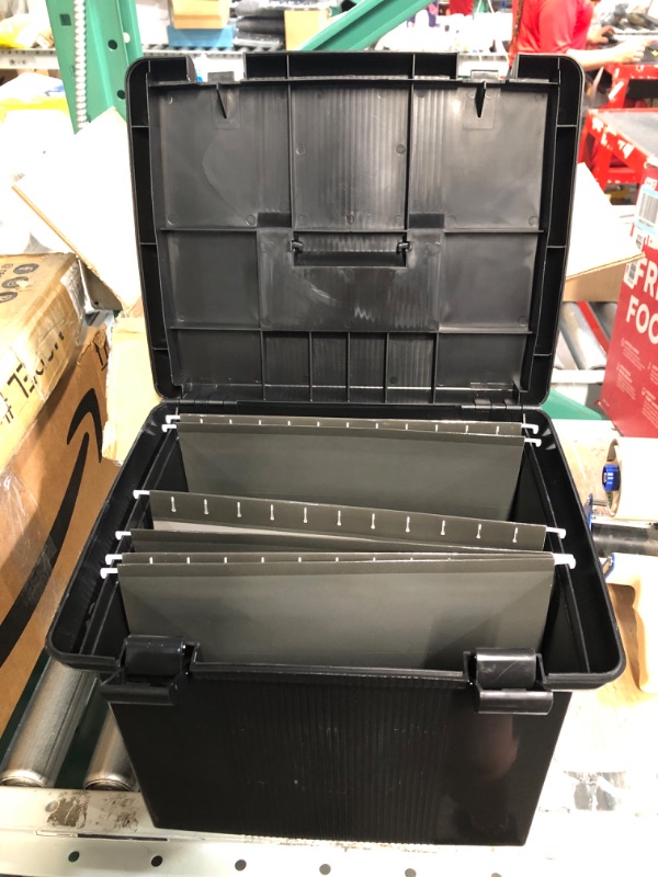 Photo 1 of Pendaflex Portable File Box with File Rails, Hinged Lid with Double Latch Closure, Black, 3 Black Letter Size Hanging Folders Included (41742AMZ)
