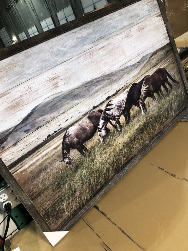 Photo 3 of **HAS CRACK**  Farmhouse Horses Wooden Wall Art: Wild Animal Horse Picture Painting  45" x 30" Wooden horse art