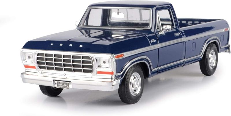 Photo 1 of 1979 Ford F-150 Pickup Truck Blue 1/24 Diecast Model Car by Motormax **SCRATCHED**
