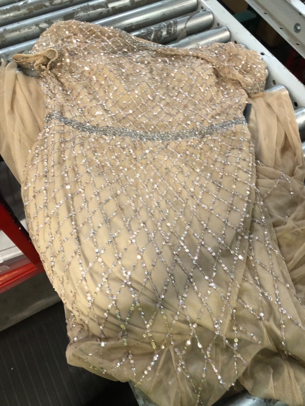 Photo 7 of Adrianna Papell Women's Short-Sleeve Beaded Mesh Gown 14 Champagne **LOOKS NEW**