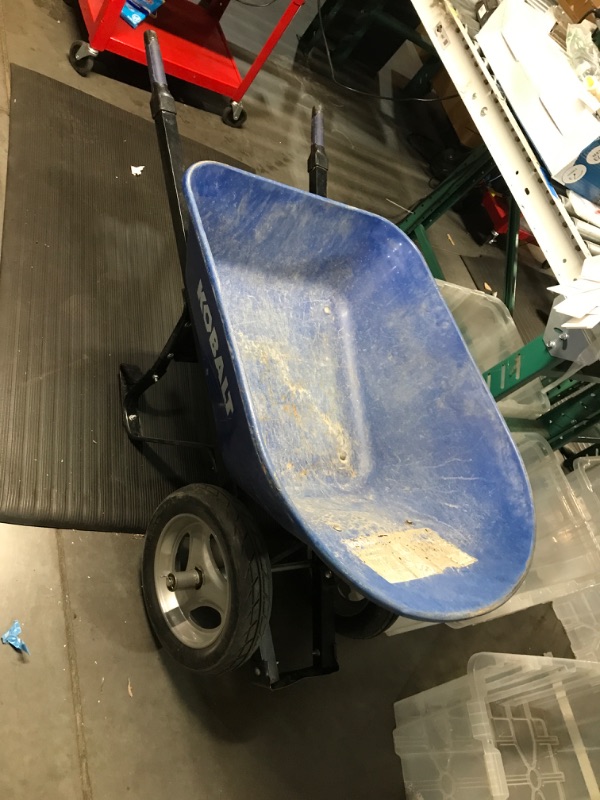 Photo 2 of ***WHEEL DAMAGED - SEE NOTES***
Kobalt Steel Wheelbarrow with Flat Free Tire - Blue - 7 Cu ft - Each