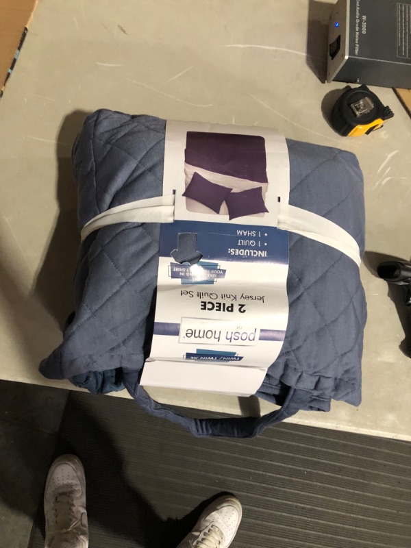Photo 4 of (USED) Posh Home Twin Size Quilt Set Jersey Knit Cotton Blend Blanket Navy Bedspread Light Coverlet Summer Bedding Quilted Bedspreads Lightweight Comforter Bed Spread Cover, 1 Pillow Sham and 1 Quilt Navy Twin/Twin XL