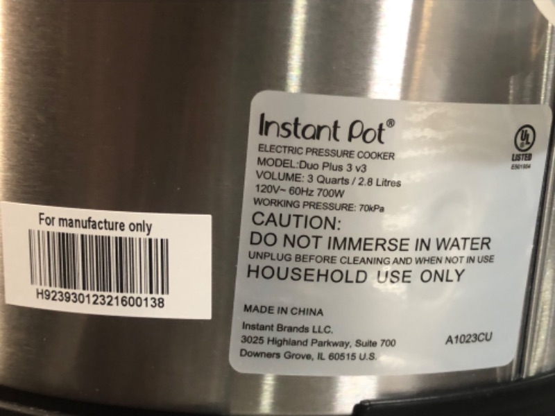 Photo 5 of **FOR PARTS, NO LID** Instant Pot Duo Plus Mini 9-in-1 Electric Pressure Cooker, 3 Quart