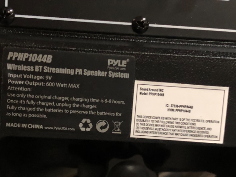 Photo 6 of **NO CHARGER** Portable Bluetooth PA Speaker - 600W Bluetooth Speaker Portable PA System W/ Rechargeable Battery 1/4" Microphone In, Party Lights, MP3/USB SD Card Reader, Rolling Wheels - Pyle PPHP1044B