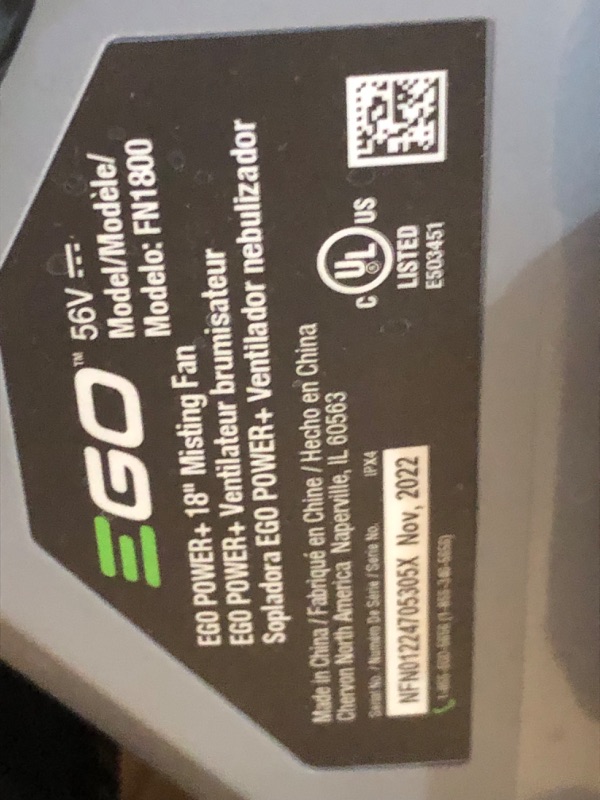 Photo 3 of **MISSING WHEELS** EGO Power+ FN1800 18-Inch 5 Speed 20MPH Portable Misting Fan, Battery and Charger Not Included, Black