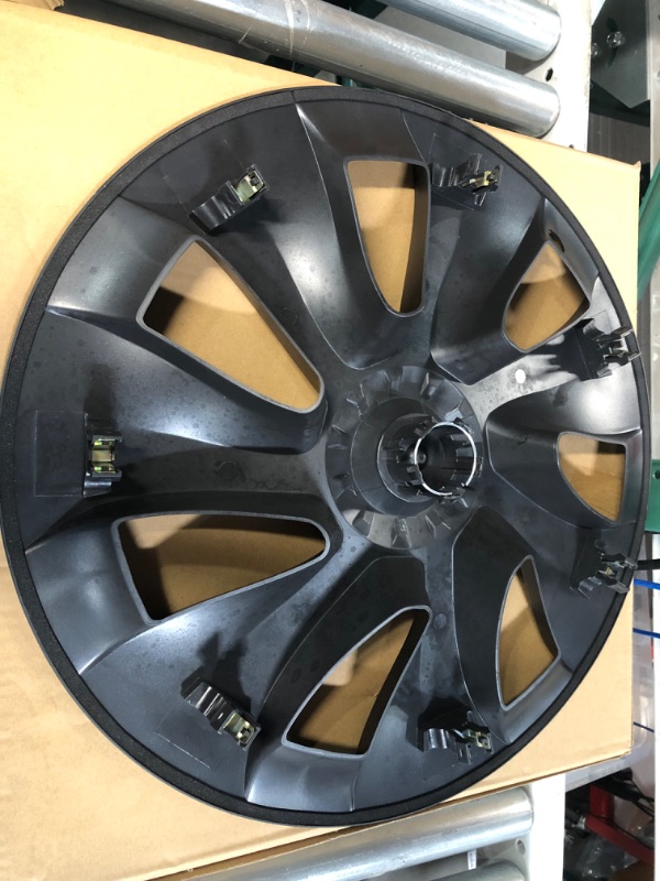 Photo 4 of **MISSING ONE AXLE CAP** BASENOR 2023-2020 Tesla Model Y Hubcaps 19 Inch Wheel Covers Gemini Wheel Hub Caps Matte Black OEM Rim Protectors Replacement Hub Caps for Model Y Exterior Accessories Set of 4 Model Y 19'' Cyclone