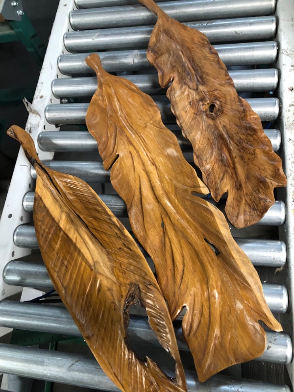 Photo 2 of **SEE NOTES** Deco 79 Teak Wood Bird Handmade Carved Feather Wall Decor, Set of 3 7"W, 27"H, Brown