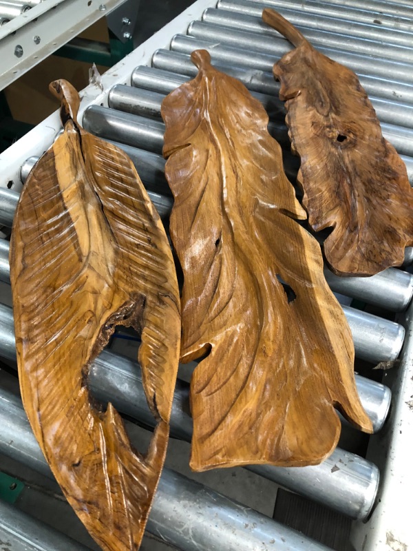 Photo 5 of **SEE NOTES** Deco 79 Teak Wood Bird Handmade Carved Feather Wall Decor, Set of 3 7"W, 27"H, Brown