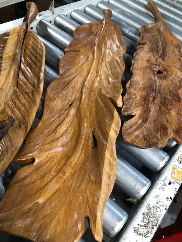 Photo 3 of **SEE NOTES** Deco 79 Teak Wood Bird Handmade Carved Feather Wall Decor, Set of 3 7"W, 27"H, Brown