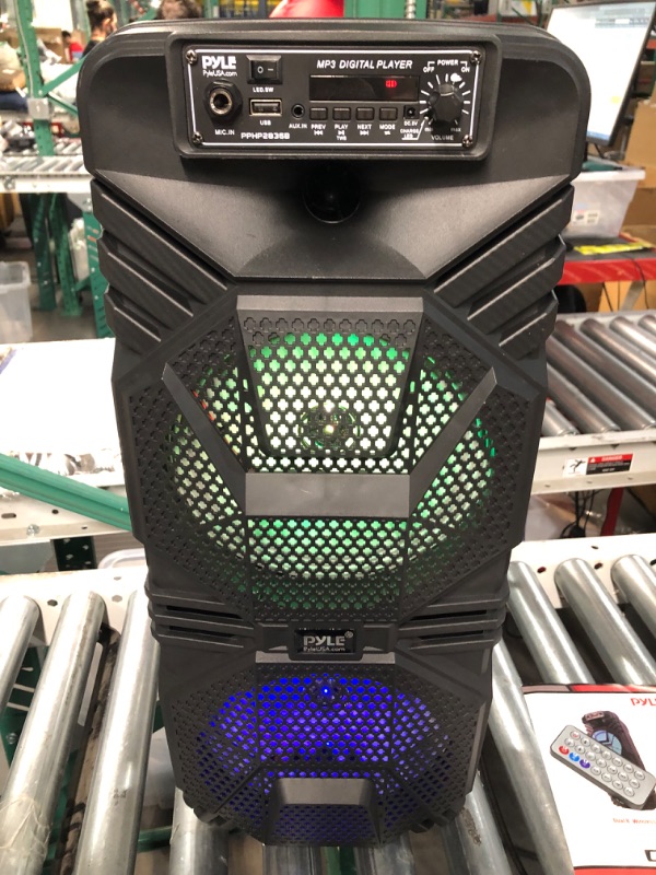 Photo 1 of Pyle Bluetooth PA Speaker System - 600W Rechargeable Outdoor Bluetooth Speaker Portable PA System w/ Dual 8” Subwoofer 1” Tweeter, Microphone In, Party Lights, USB, Radio, Remote - Pyle PPHP2836B Speaker System Speaker System
