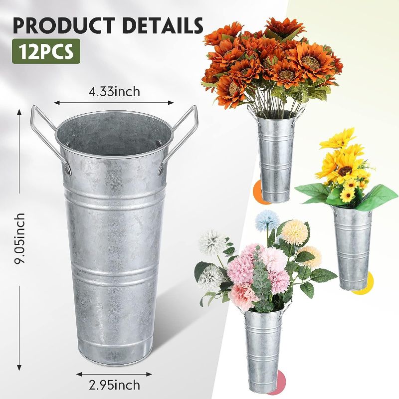 Photo 1 of (3x) Galvanized Flower Bucket French Metal Bucket 9 Inches Rustic Flower Vase with Handles 