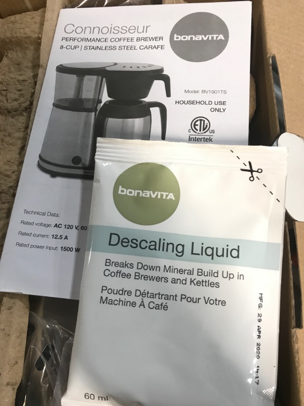 Photo 5 of **USED BUT APPEARS NEW** Bonavita Connoisseur 8 Cup Drip Coffee Maker Machine, One-Touch Pour Over Brewer w/ Thermal Carafe, Hanging Filter Basket, SCA Certified, 1500 Watt, BPA Free, Stainless Steel, BV1901TS