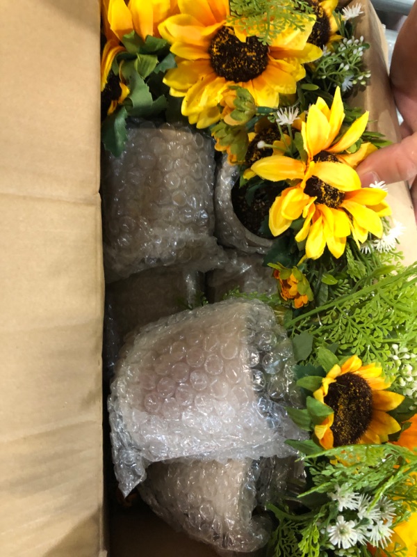 Photo 2 of Zeyune 8 Pcs Artificial Sunflower Decorations Yellow Fake Sunflowers in Pots Sunflowers Artificial Flowers Sunflower Centerpieces for Tables Sunflowers Potted Plants for Home Bathroom Kitchen Shelf