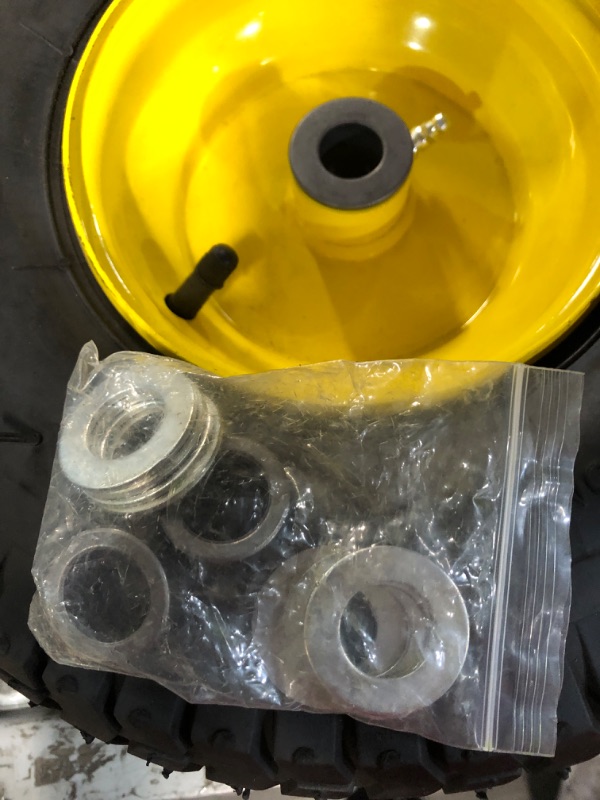 Photo 5 of (2 Pack) AR-PRO Exact Replacement 15" x 6.00 - 6" Front Tire and Wheel Assemblies for John Deere Riding Mowers - Compatible with John Deere 100 and D100 Series - 3” Hub Offset and 3/4” Bushings 15" x 6.00-6" Yellow