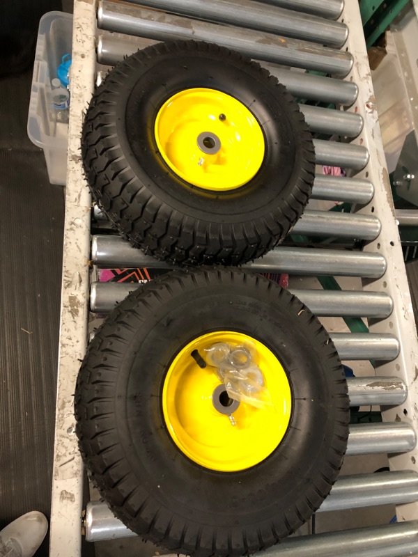 Photo 2 of (2 Pack) AR-PRO Exact Replacement 15" x 6.00 - 6" Front Tire and Wheel Assemblies for John Deere Riding Mowers - Compatible with John Deere 100 and D100 Series - 3” Hub Offset and 3/4” Bushings 15" x 6.00-6" Yellow