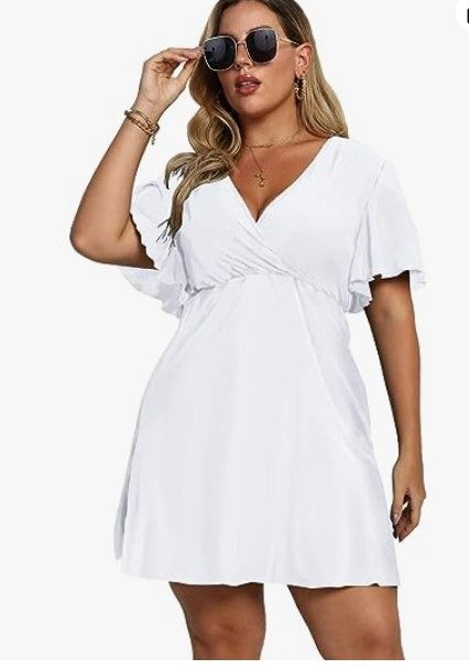 Photo 1 of HOBIBEAR Plus Size Summer Mini Dress for Women - Sexy Beach Wrap Short Sleeves Deep V-Neck A Line Womens Plus Size Dresses