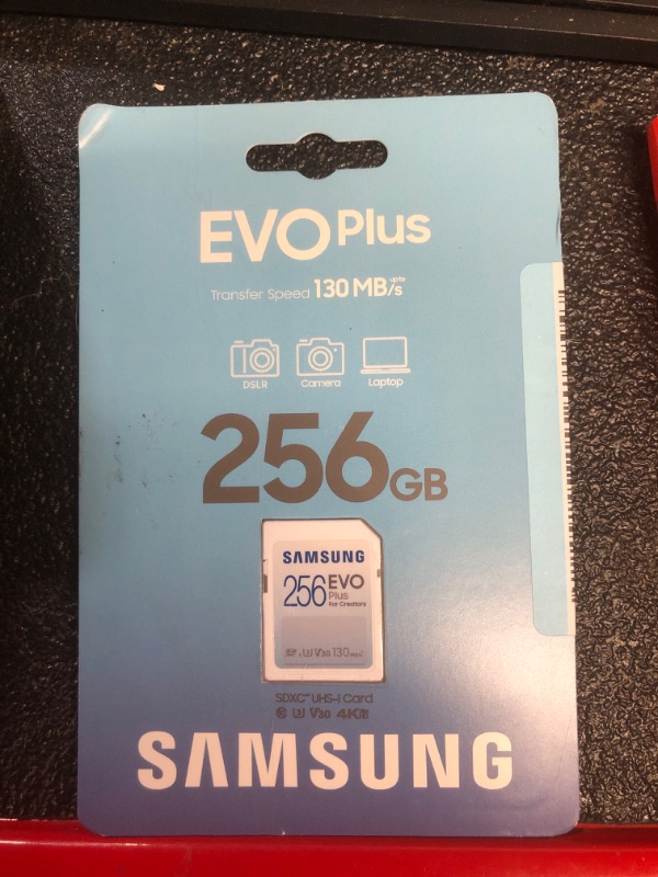 Photo 2 of samsung evo plus full size 256gb sdxc card 130mb/s full hd & 4k uhd, uhs-i, u3, v30