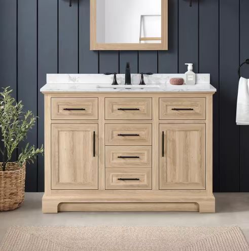 Photo 1 of (DAMAGE ON DOORS) Doveton 48 in. W x 19 in. D x 34.5 in. H Single Sink Bath Vanity in Weathered Tan with White Engineered Stone Top
