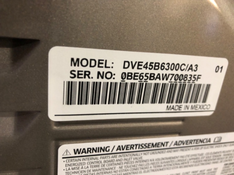 Photo 8 of **NO POWER CORD** 7.5 cu. ft. Smart Electric Dryer with Steam Sanitize+ in Champagne
MODEL NUMBER: DVE45B6300C/A3
S/N: 0BE65BAW700835F