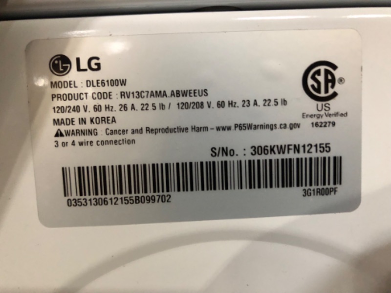 Photo 5 of **BEST TO CLEAN BEFORE USING ALSO COULD NOT FIND POWER CORD** 7.3 cu. ft. Ultra Large Capacity Rear Control Electric Energy Star Dryer with Sensor Dry
MODEL NUMBER:DLE6100W
S/N: 306KWFN12155