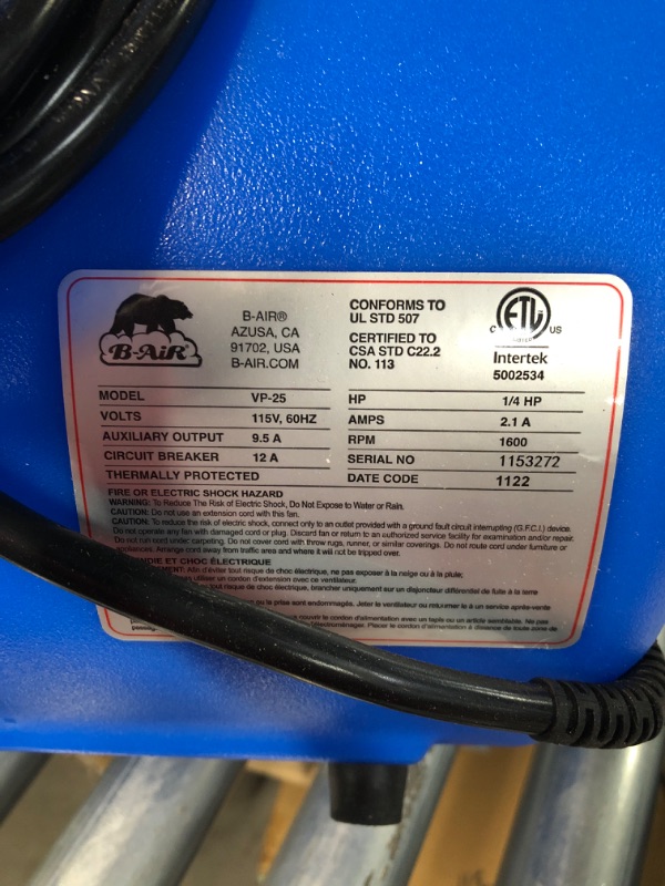 Photo 2 of B-Air VP-25 1/4 HP Air Mover for Water Damage Restoration Carpet Dryer Floor Blower Fan Home and Plumbing Use Blue
