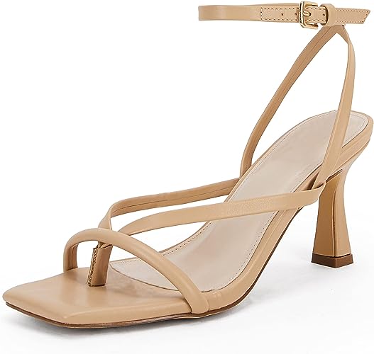 Photo 1 of Coutgo Womens Kitten Heel Sandal Ankle Buckle Strap Square Open Toe Thong Strap Dress Shoes 6 TAN