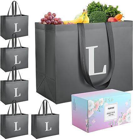 Photo 1 of FURTOM Reusable Grocery Bags - Large Foldable Reusable Bags with Handles Ini-tial 6 Pack, 