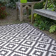 Photo 1 of  Outdoor Rug - Waterproof, Fade Resistant, Reversible - Premium Recycled Plastic - Geometric - Large Patio, Deck, Sunroom, Camping, RV - Aztec - Gray & White - 6 x 9 ft