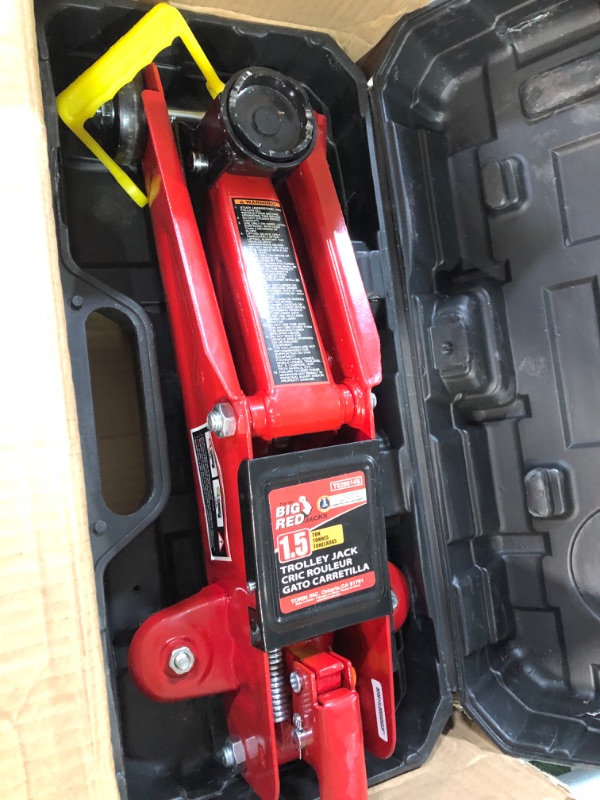 Photo 1 of BIG RED TAM820014S Torin Hydraulic Trolley Service/Floor Jack with Blow Mold Carrying Storage Case, 1.5 Ton (3,000 lb) Capacity, Red 1.5 Ton with Storage Case