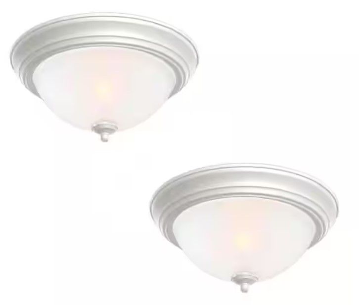 Photo 1 of 13 in. 2-Light White Flush Mount with Frosted Glass Shade (2-Pack)