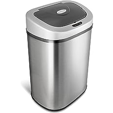 Photo 1 of * DAMAGED * NINESTARS Automatic Touchless Infrared Motion Sensor Trash Can with Stainless Steel Base & Oval, Silver/Black Lid