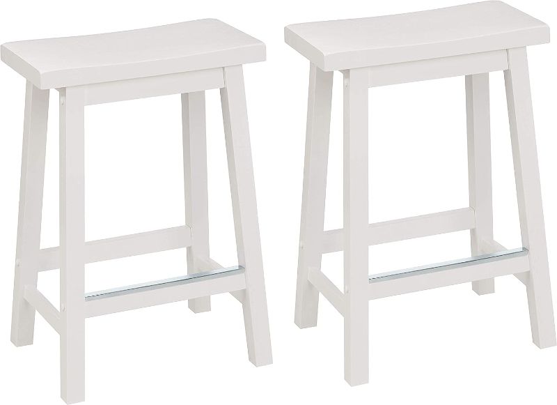 Photo 1 of *USED* *MINOR DAMAGE*
Amazon Basics Solid Wood Saddle-Seat Kitchen Counter-Height Stool, 24-Inch Height, White - Set of 2