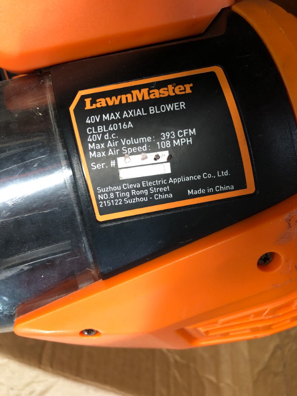 Photo 3 of *battery does not work* LawnMaster CLBL4016A Cordless Leaf Blower 40V Max with 2.0Ah,Battery Powered Leaf Blower Lightweight for Lawn Care, Leaves and Snow Blowing(Battery & Quick Charger) 40V Blower Cordless Type