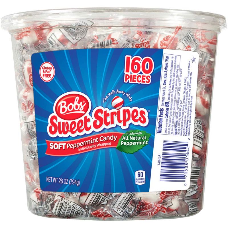 Photo 1 of *EXPIRES 2024* Bob's Sweet Stripes Soft Peppermint Candy, 160 Individually-Wrapped Pieces, 28 Ounce Jar