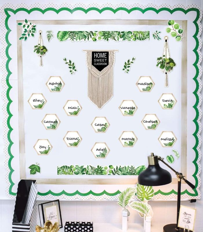 Photo 1 of *DAMAGED - SEE PICTURES* Schoolgirl Style Simply Boho Bulletin Board Set?Home Sweet Classroom Macrame Header, Leaf Border Trims, Hanging Planters, Assorted Leaves, Hexagon Cutouts (58 pc)