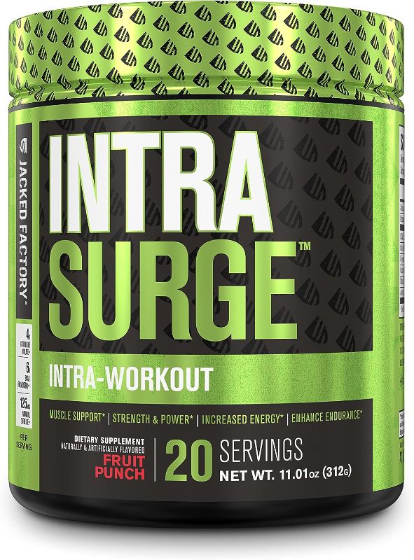 Photo 1 of *EXPIRES 06/2025* INTRASURGE Intra Workout Energy BCAA Powder - 6g BCAA Amino Acids, Natural Caffeine, 4g Citrulline Malate, and More for Muscle Building, Strength, Endurance, & Recovery - Fruit Punch, 20sv