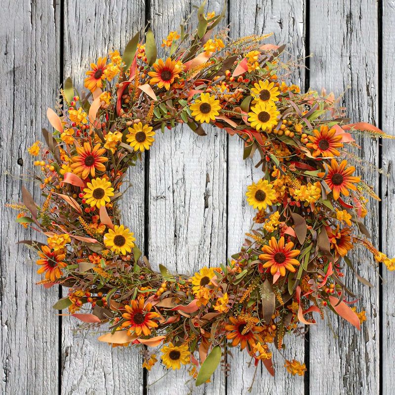 Photo 1 of  22 Inch Autumn Wreath Orange Farmhouse Harvest Fall Door Wreath (SEE NOTES)