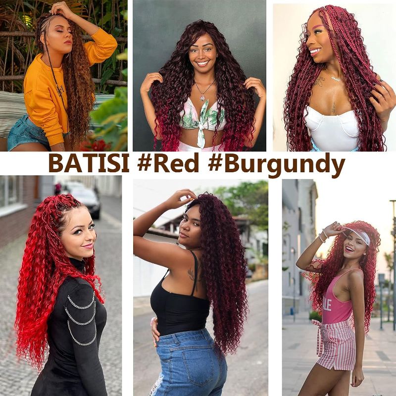 Photo 1 of  Hair for Black Women Red 30 Inch Braiding Hair Curly Ocean Wave Crochet Hair 3 Packs 30 Inch (Pack of 3) red